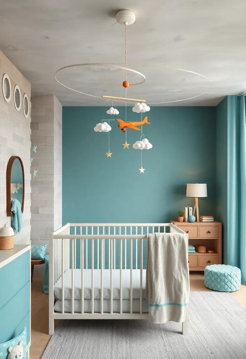 Fun Mobile Designs: Suspend ‍a ⁣teal and‍ beige mobile above the crib, featuring clouds, ​stars, or airplanes, to captivate your ‌baby’s attention as ‍they drift off to ⁤sleep