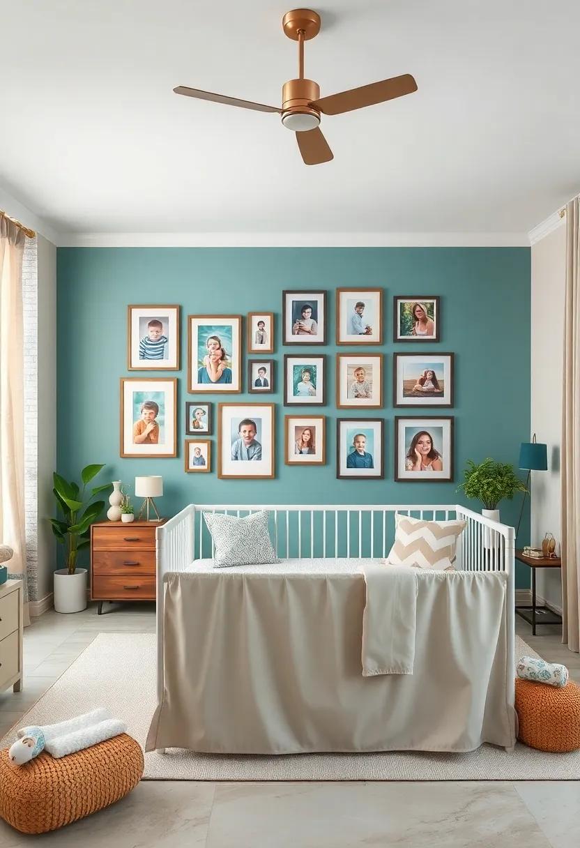 Memories ‌in frames: Create a‍ memory wall with‌ a⁢ collection of family photos in‍ matching teal and beige frames, celebrating your family’s journey⁢ as it grows