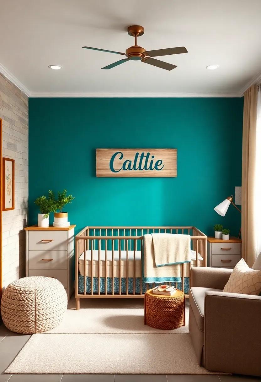 Personalized⁤ Name Wall Hanging: Create a custom name plaque in teal and beige to hang above‌ the crib, ⁣adding a personal touch to your nursery decor