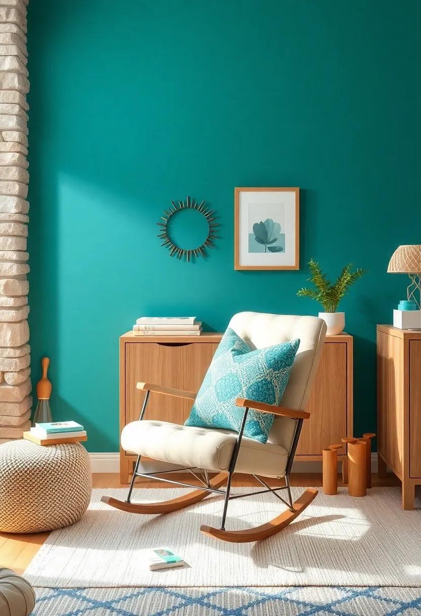 Rocking Chair⁣ Revival: Include a comfortable rocking chair in ‍beige upholstery with teal throw pillows, providing a perfect spot ⁤for ​late-night feedings⁣ and soothing
