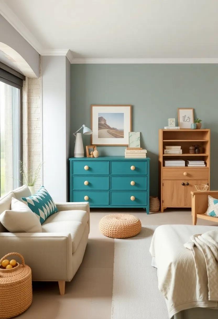 Teal Dresser ⁤with Beige‍ Accents: Find a charming dresser painted⁣ in ⁢teal⁤ and topped⁢ with‍ beige‍ knobs to⁣ blend functionality with aesthetic appeal
