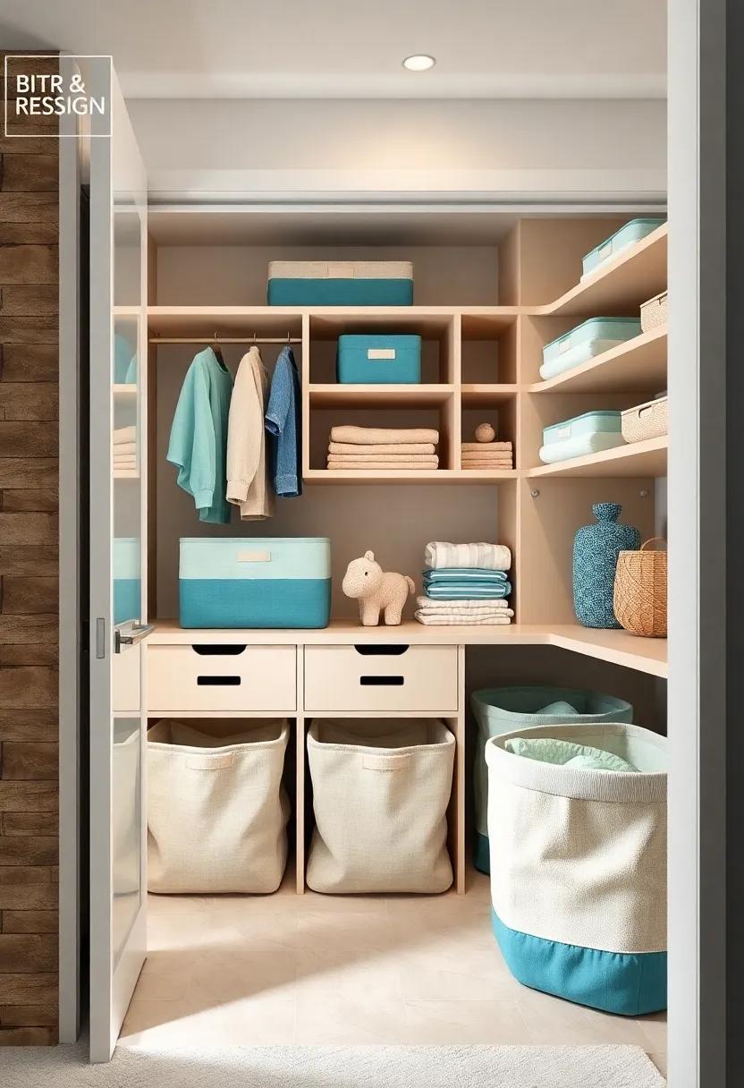 Well-Designed Closet: ⁣Organize the closet ​with teal and beige ‍storage bins that keep baby clothes and essentials neatly stored and easily‌ accessible