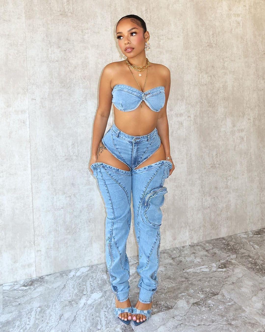 Miaomiaowu Y2K jeans suit: wrap top and pants we wore