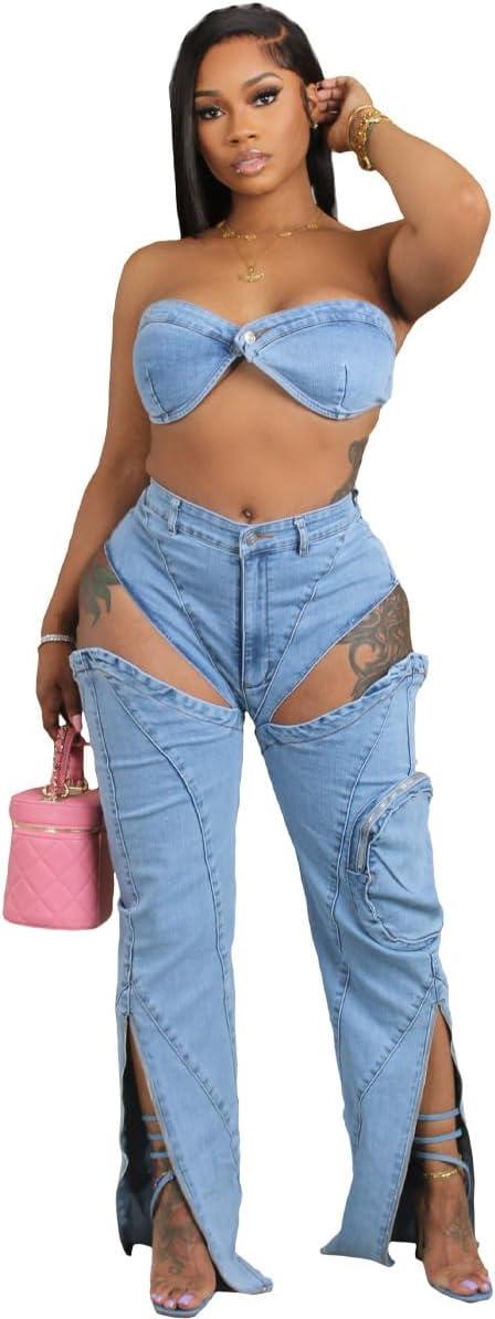 Miaomiaowu⁣ Y2K jeans suit: wrap top and pants we wore