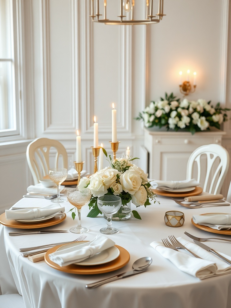Elegant white tablescape with golden accents and candles