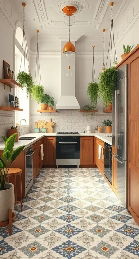 A modern boho kitchen with Moroccan patterned floor tiles in neutral tones, paired with wooden cabinets and hanging plants.
