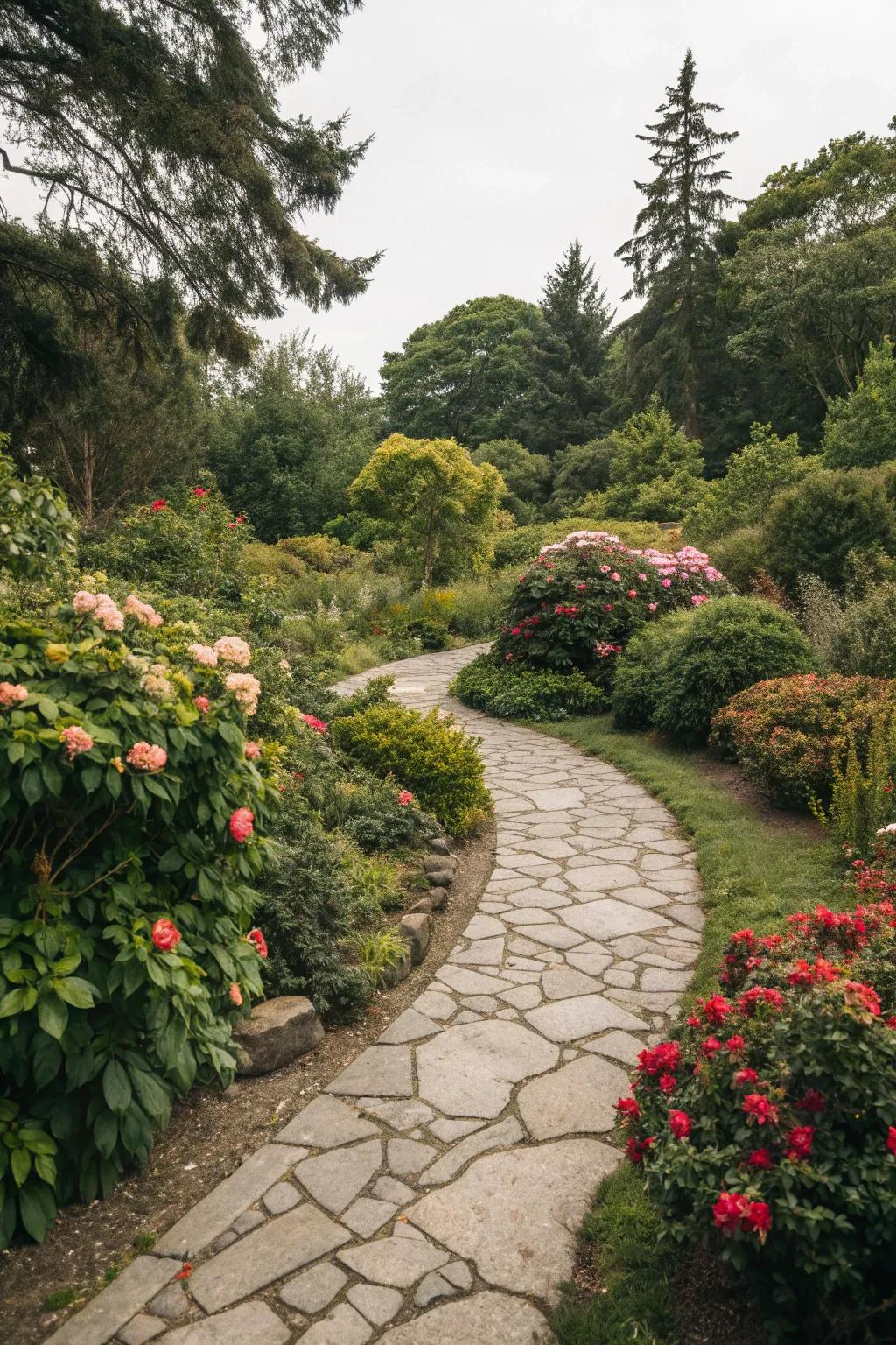 A charming stone pathway winding through a lush garden.