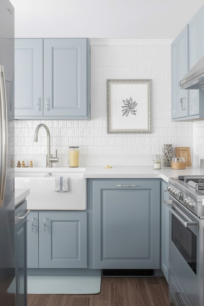 Retro Blue Kitchen Cabinets with Chrome accents