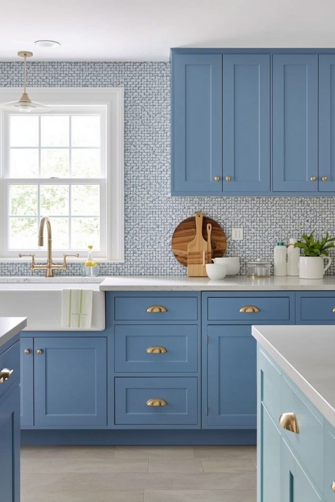 Retro Tile backsplash in a Blue Kitchen