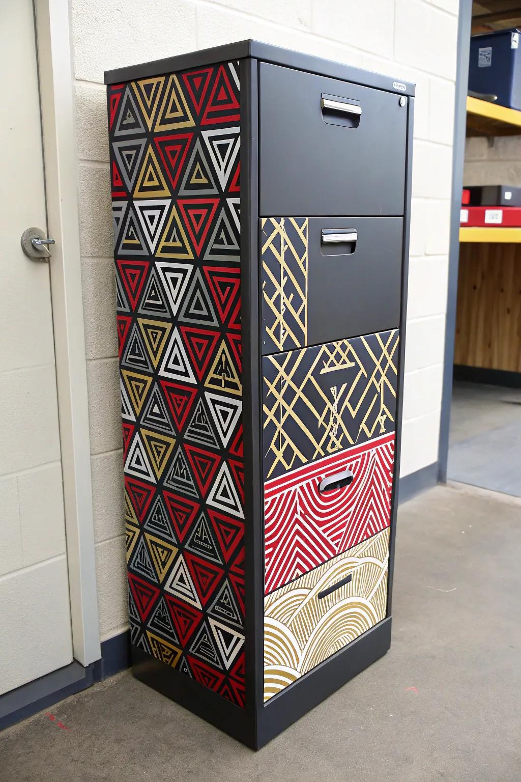 Turn your filing cabinet into a bold centerpiece with striking geometric designs.