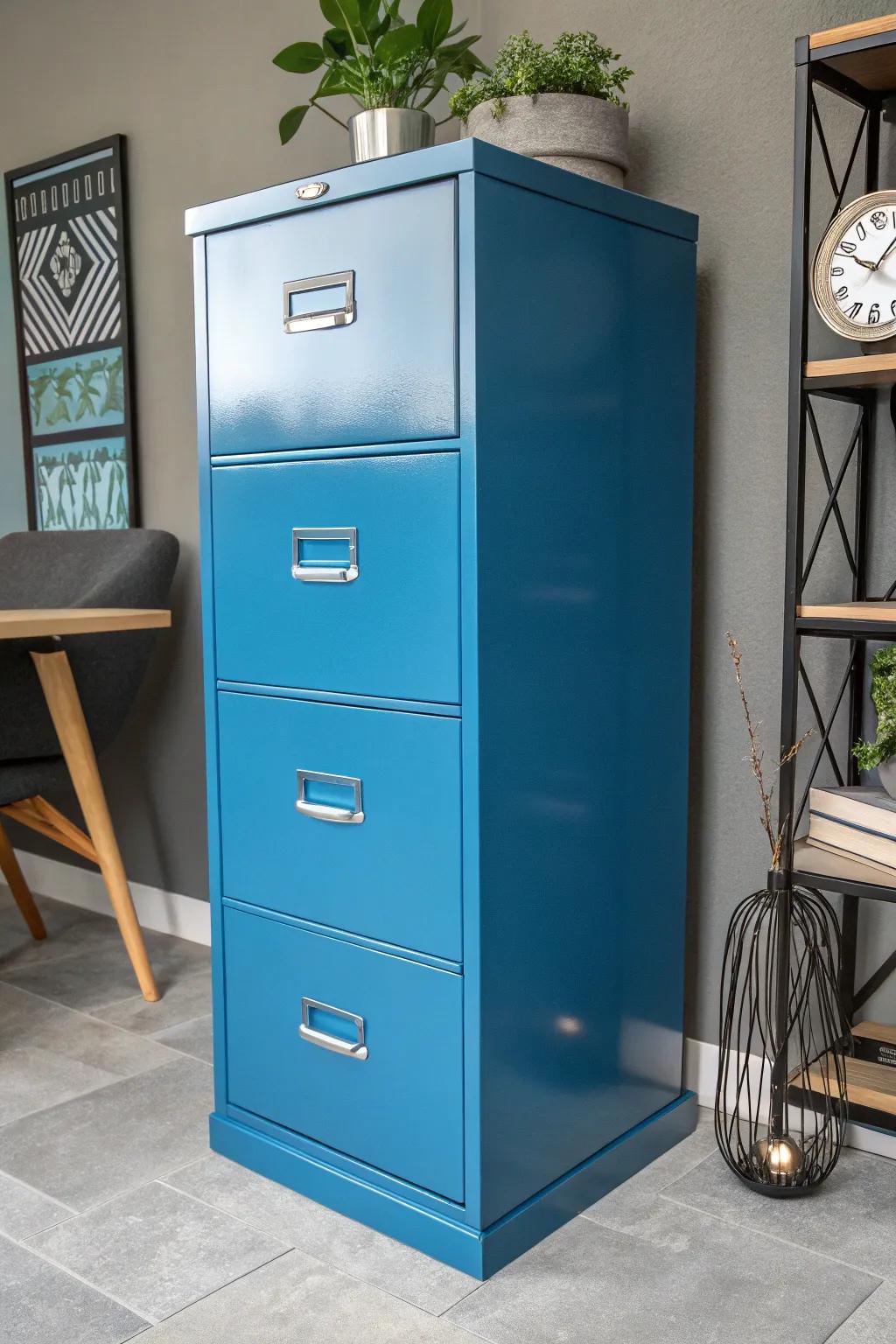 Add a pop of color to your office with a bright turquoise filing cabinet makeover.