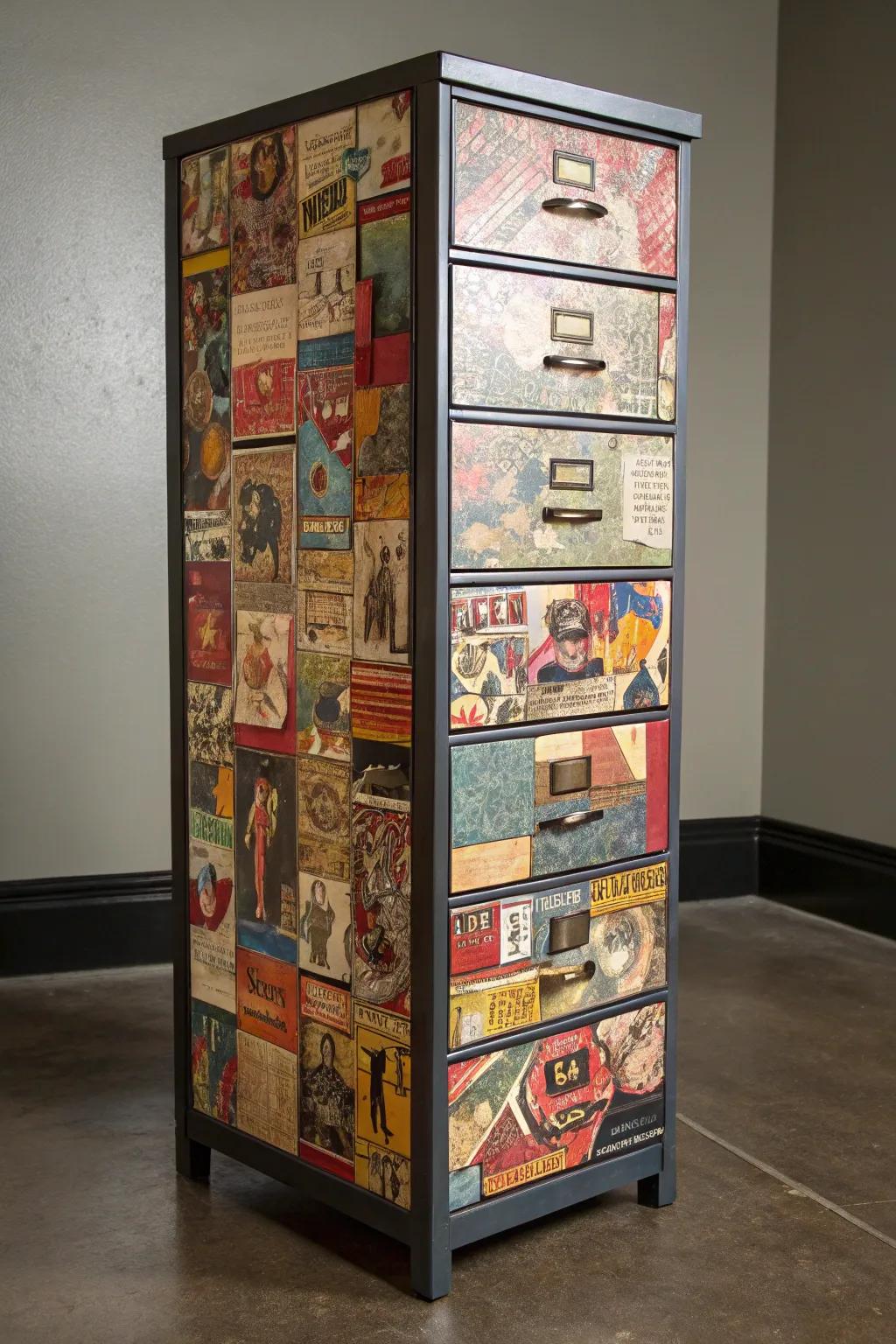 Turn your filing cabinet into a unique art piece with collage techniques.
