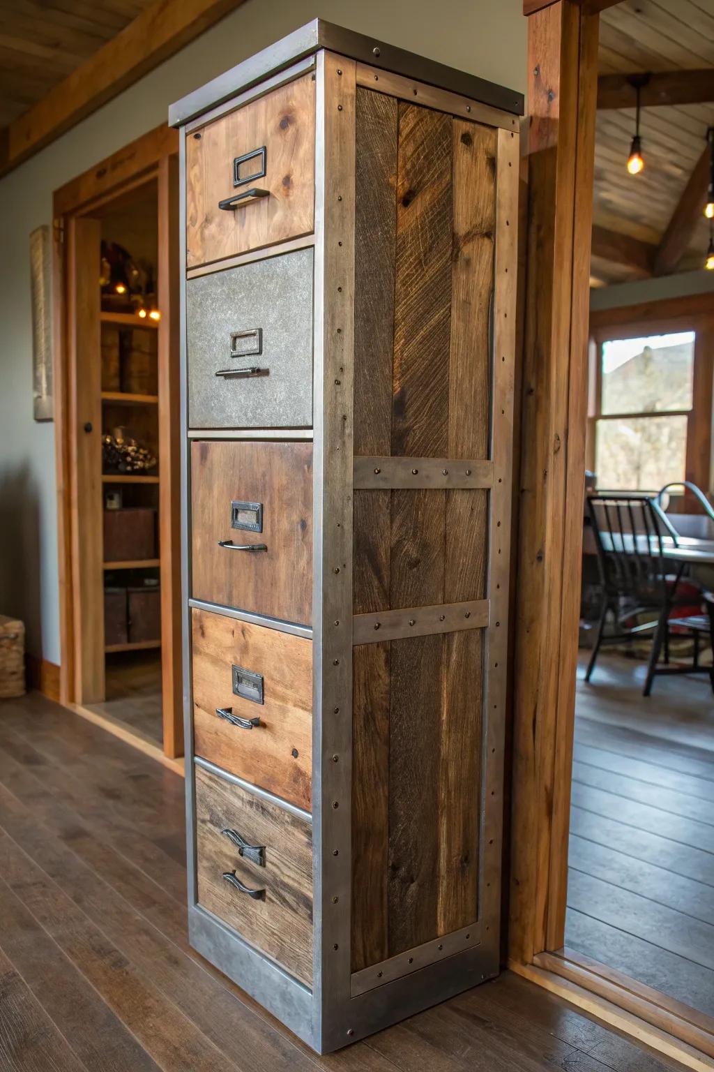 Bring warmth and rustic charm to your space with barn wood accents on your filing cabinet.