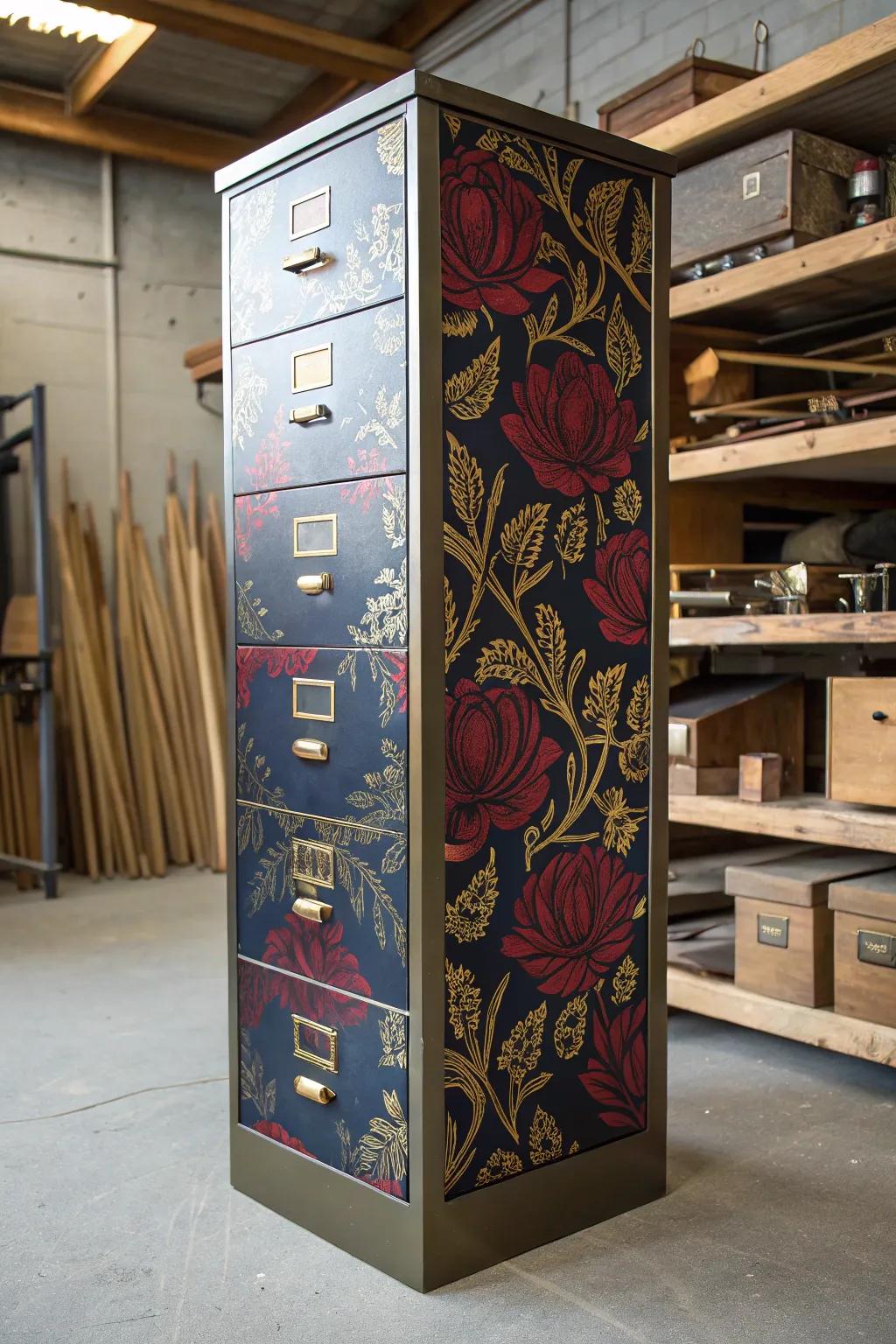 Add vintage botanical wallpaper to your filing cabinet for a stylish, retro vibe.