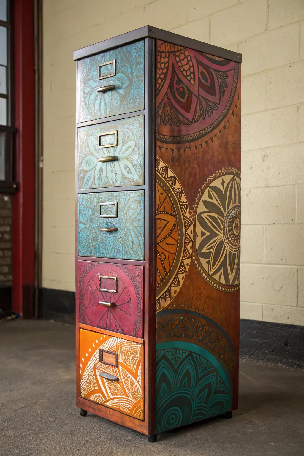 Bring creativity to your workspace with artistic designs on your filing cabinet.
