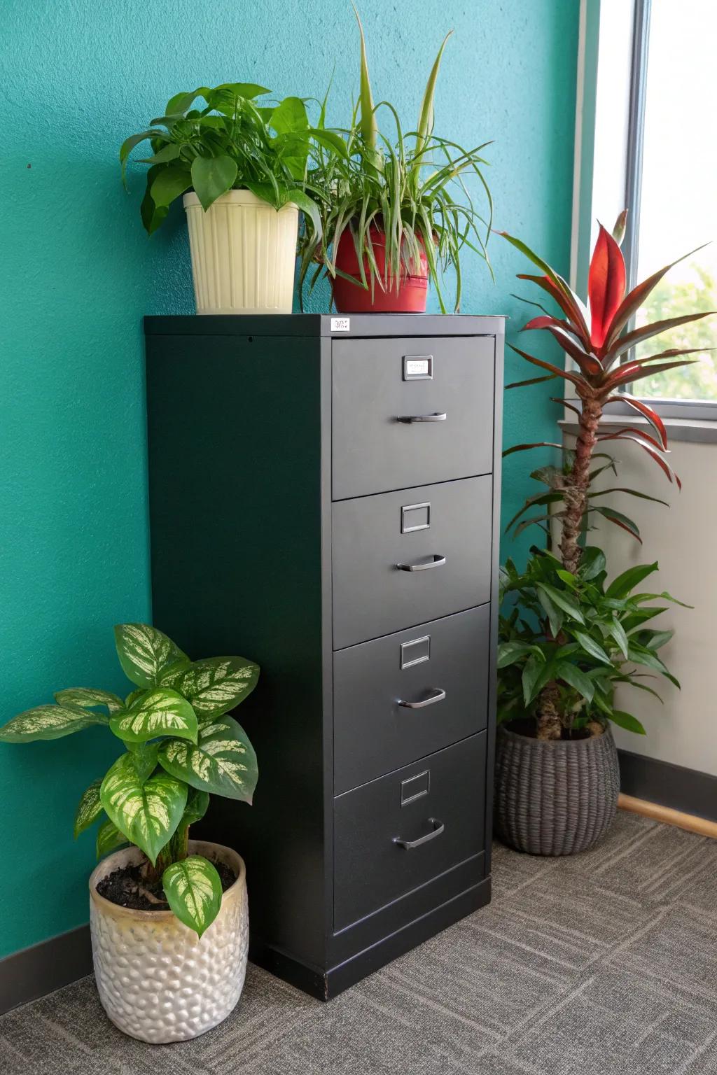 Incorporate greenery to add a fresh, natural vibe to your filing cabinet area.