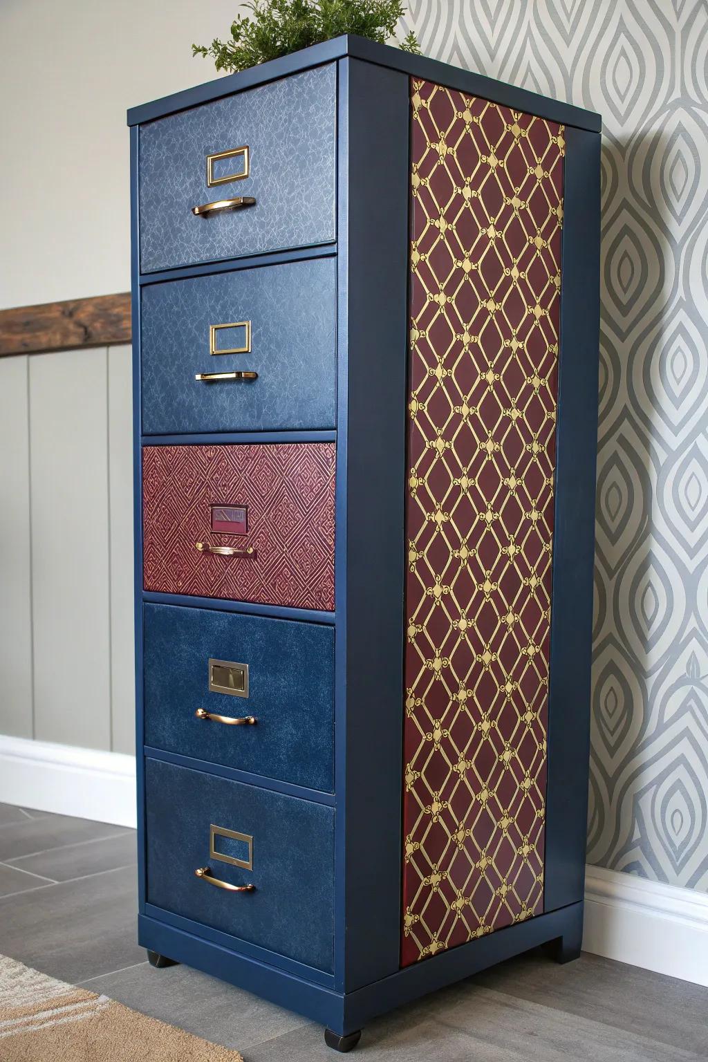 Combine paint, fabric, and wallpaper for a truly personalized filing cabinet design.