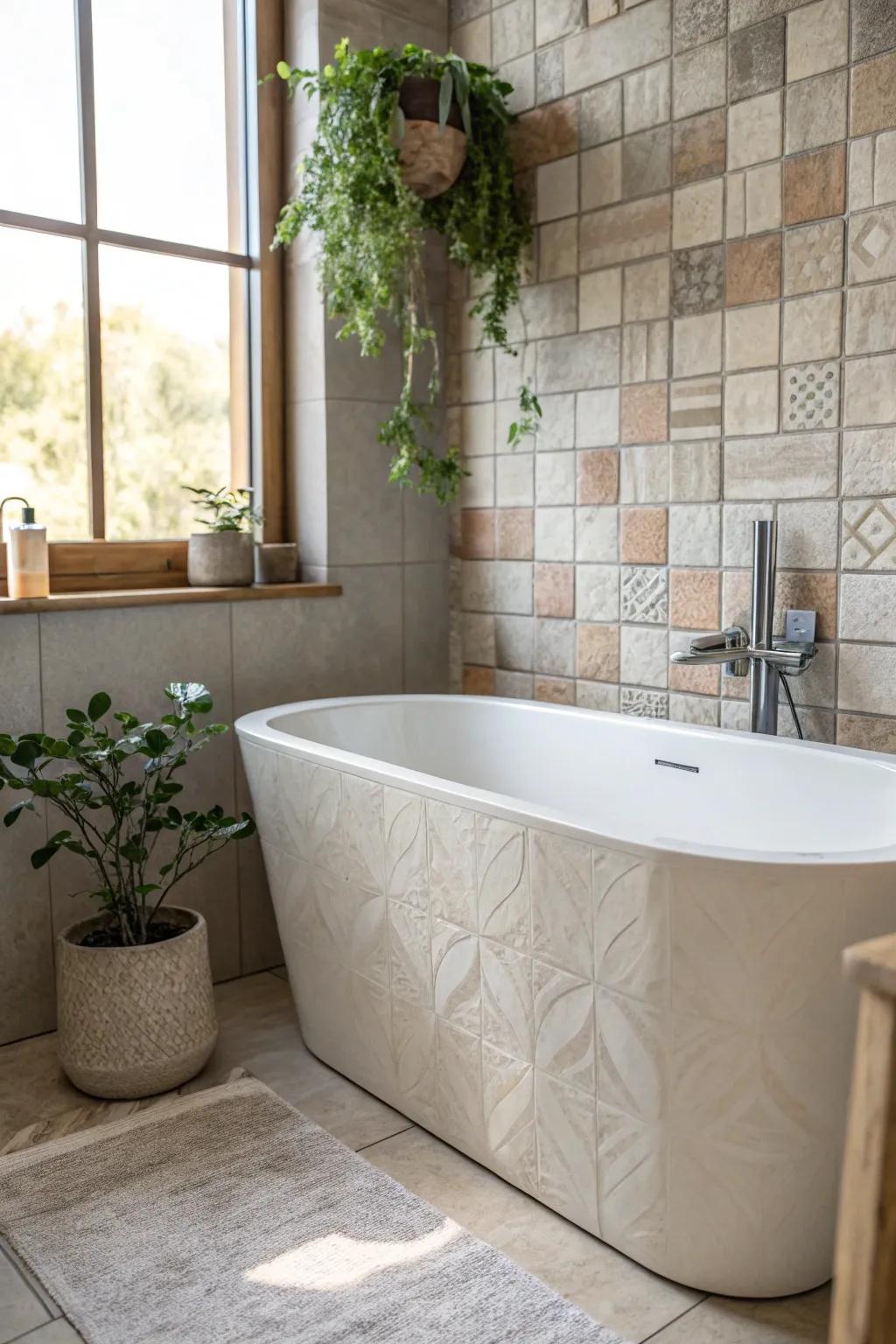 Elevate your bathroom's look with textured tiles that combine Scandinavian minimalism and boho charm.