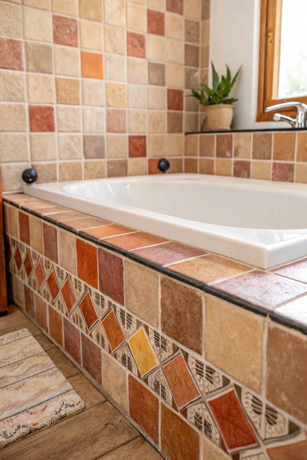 Create a warm, inviting bathroom with natural earth-toned tiles that emphasize organic beauty.