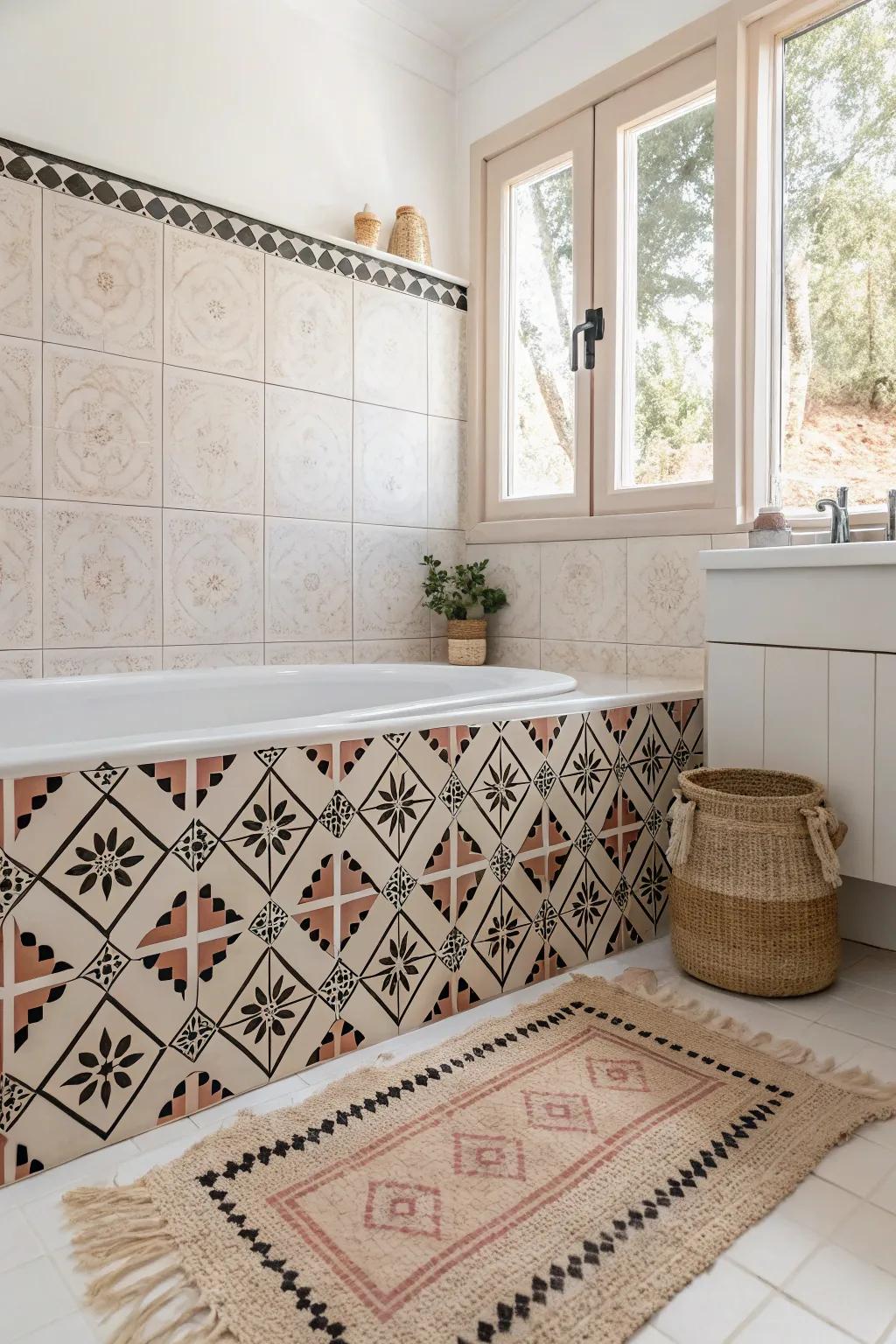 Make a striking statement with high-contrast tile finishes blending Scandinavian simplicity and boho flair.