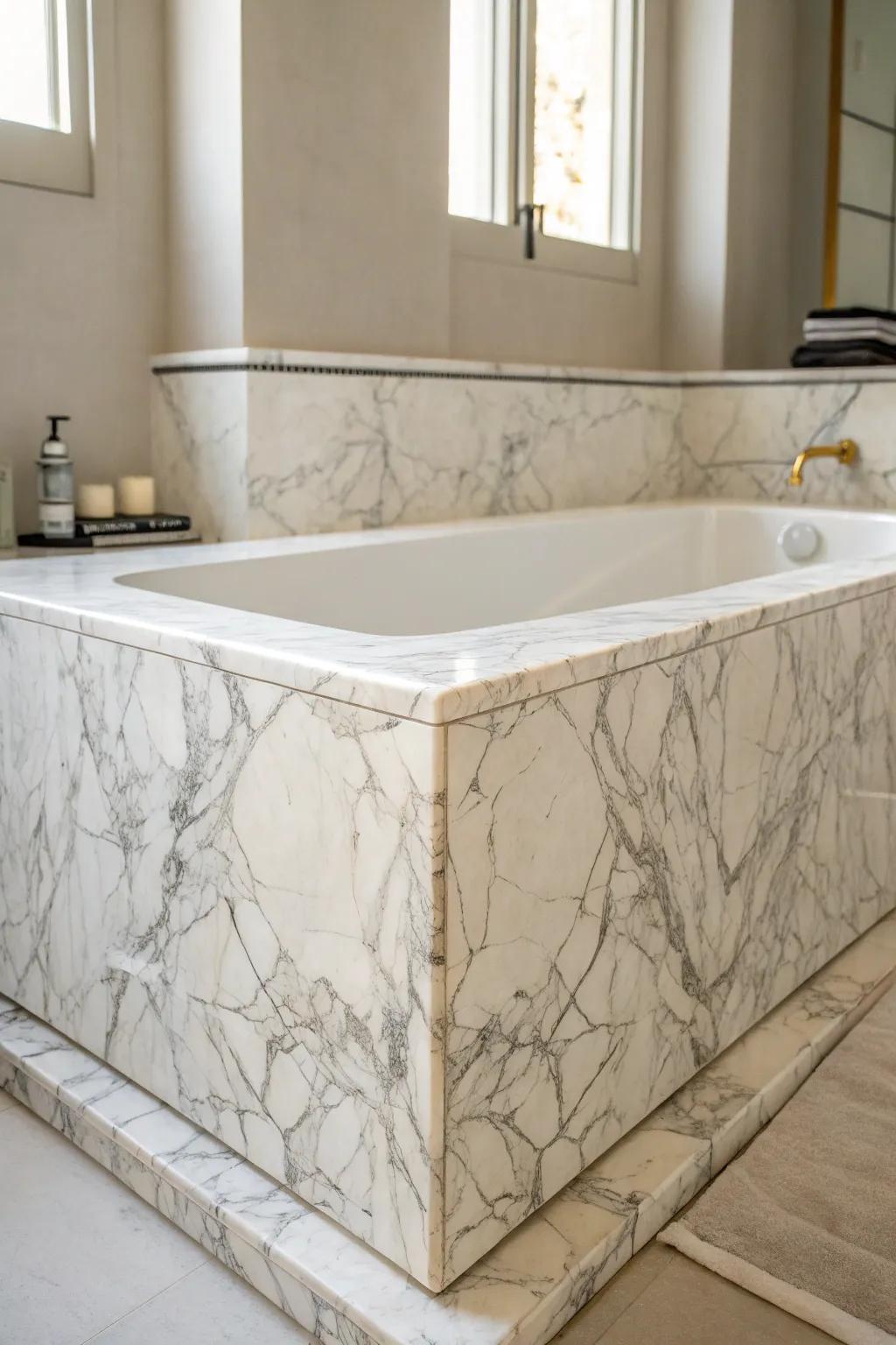 Add timeless sophistication to your bathroom with veined stone tile surrounds.