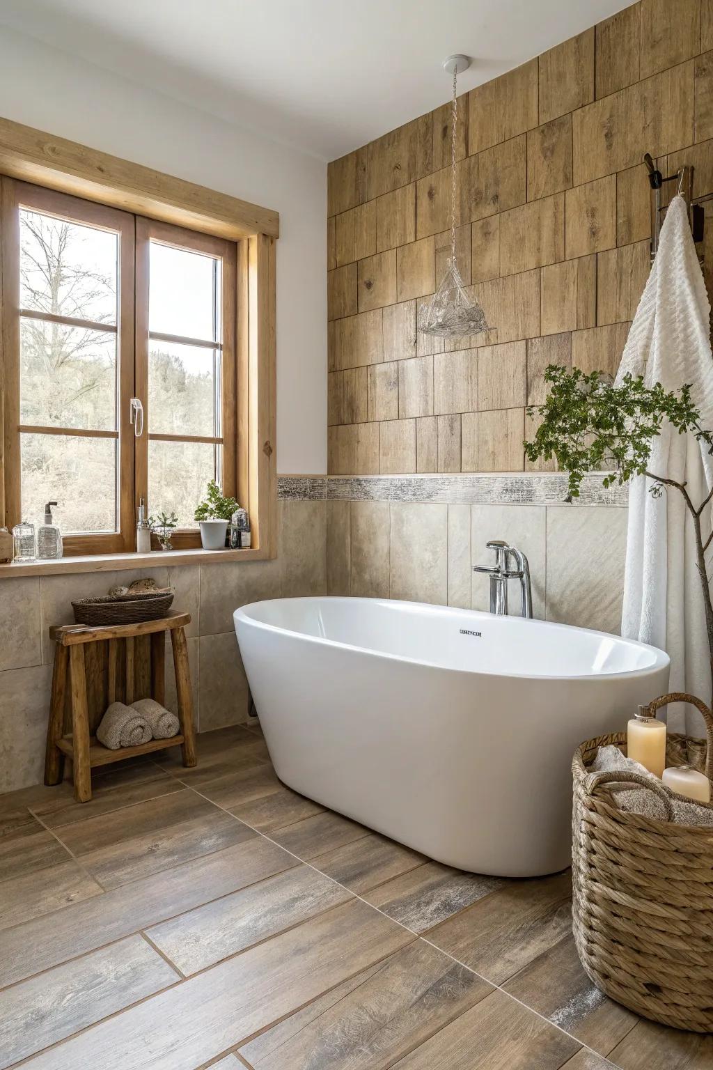 Create a tranquil woodland vibe in your bathroom with the warmth of timber-style tiles.
