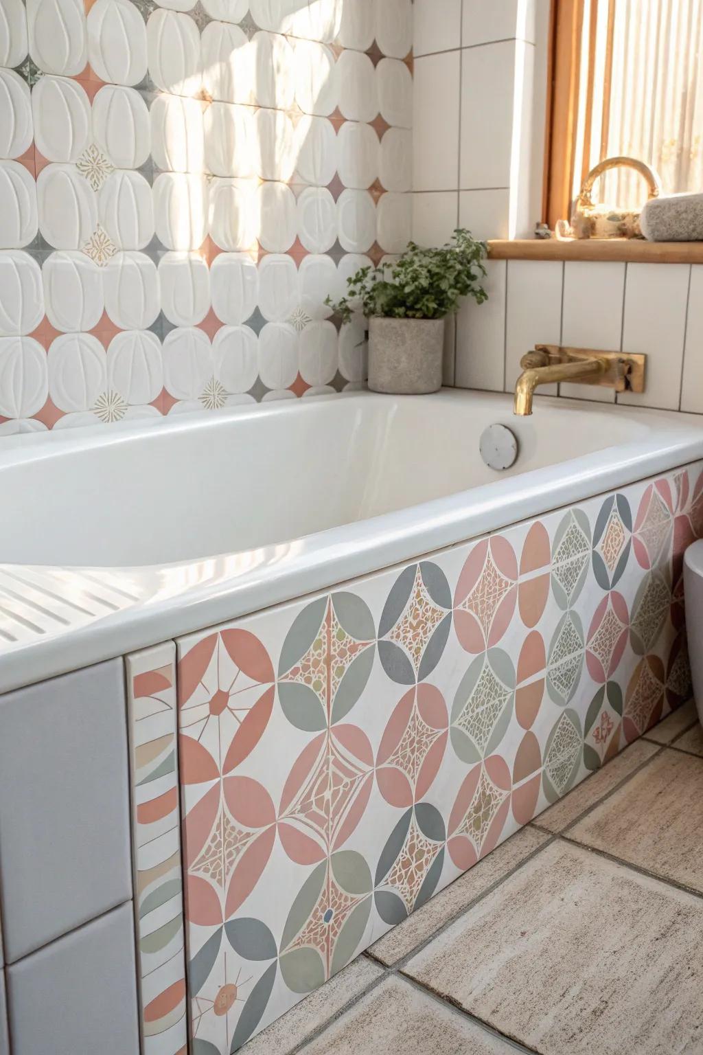 Add a whimsical touch to your tub surround with angular geometric tiles.