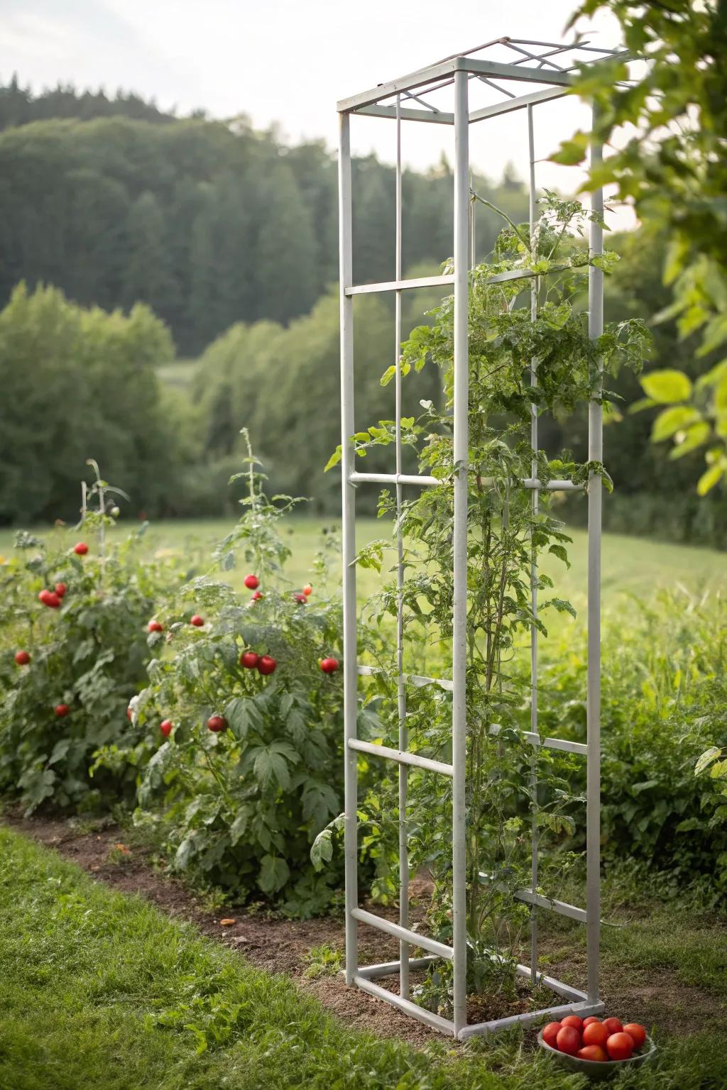 Invest in a lasting climbing frame made from concrete or metal for years of reliable tomato support.