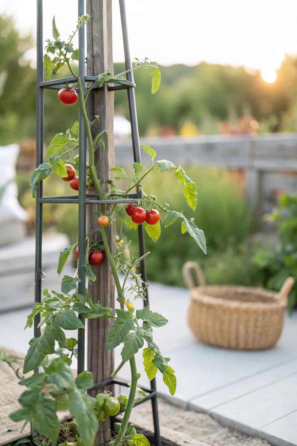Minimalist T-bar climbing frames offer straightforward support for vigorous tomato plants.