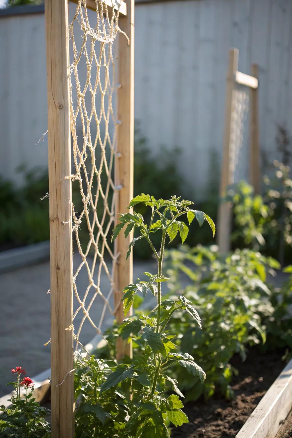 Simple DIY netting trellis offers a minimalist and effective tomato support system.