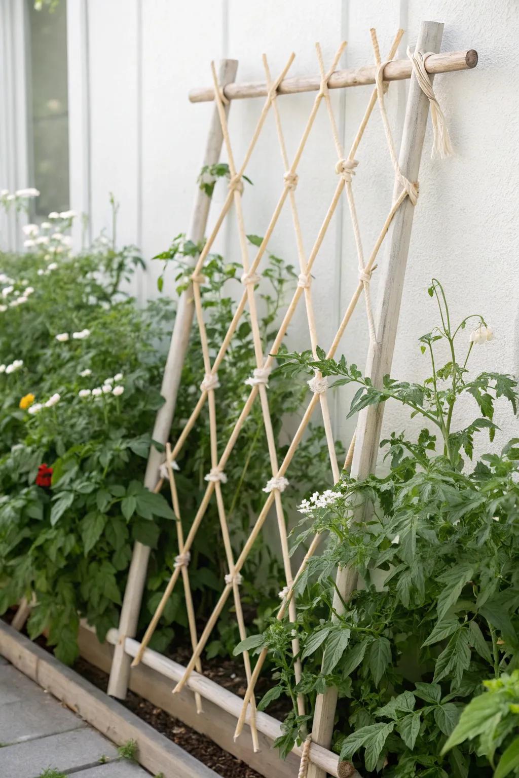 Florida interwoven trellis combines natural materials with minimalist design for effective tomato support.