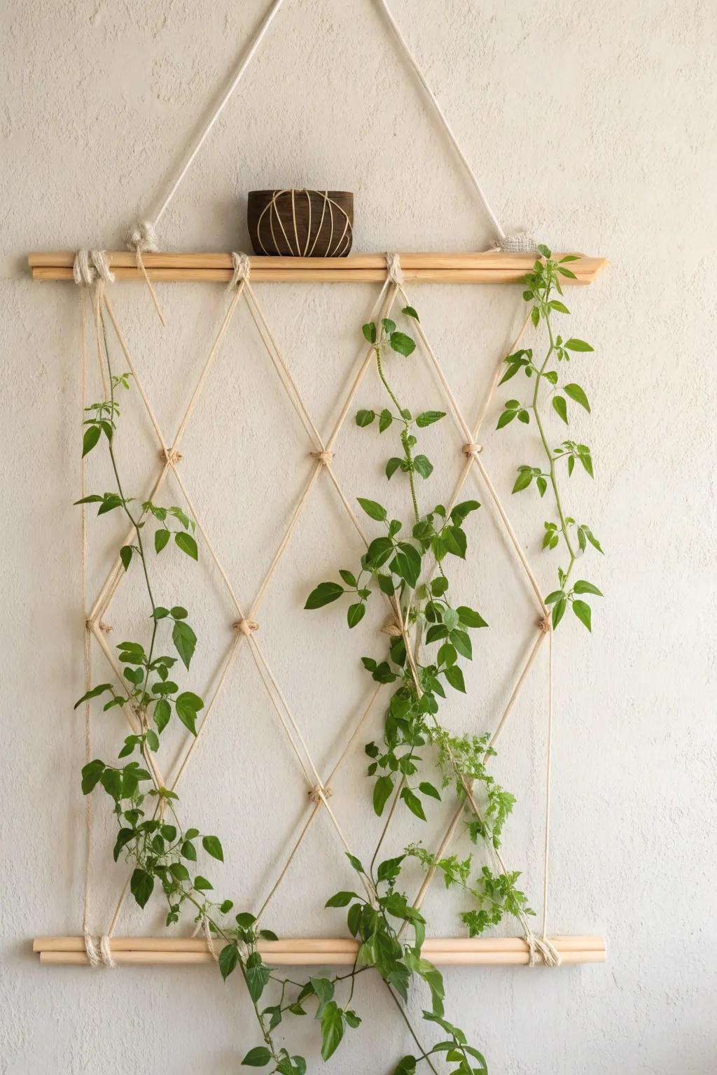 Minimalist hanging string trellis ideal for compact garden spaces.