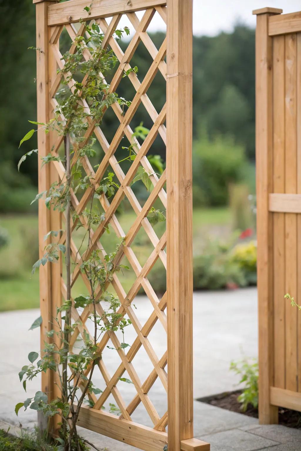 Timeless lattice panels offer both beauty and sturdy support for climbing tomatoes.