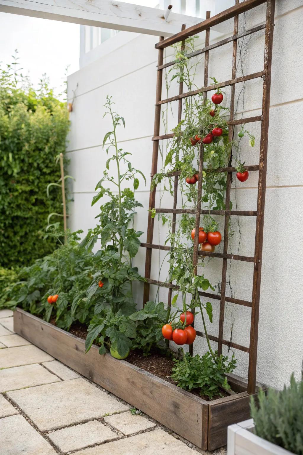 Pig panel trellis combines rustic charm with practical support for lush tomato growth.