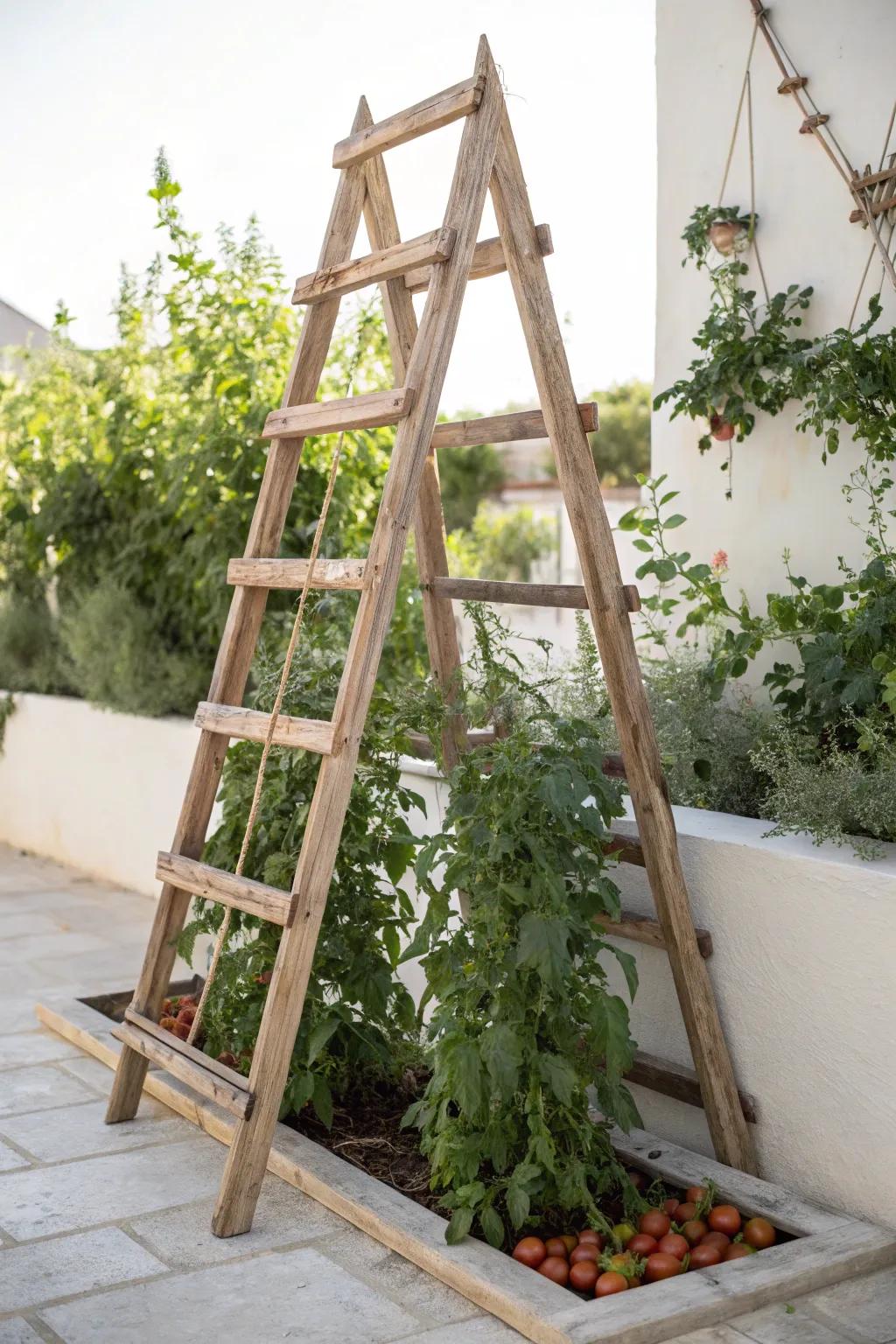 Classic timber A-frame trellis brings rustic elegance and strong support to your tomato garden.