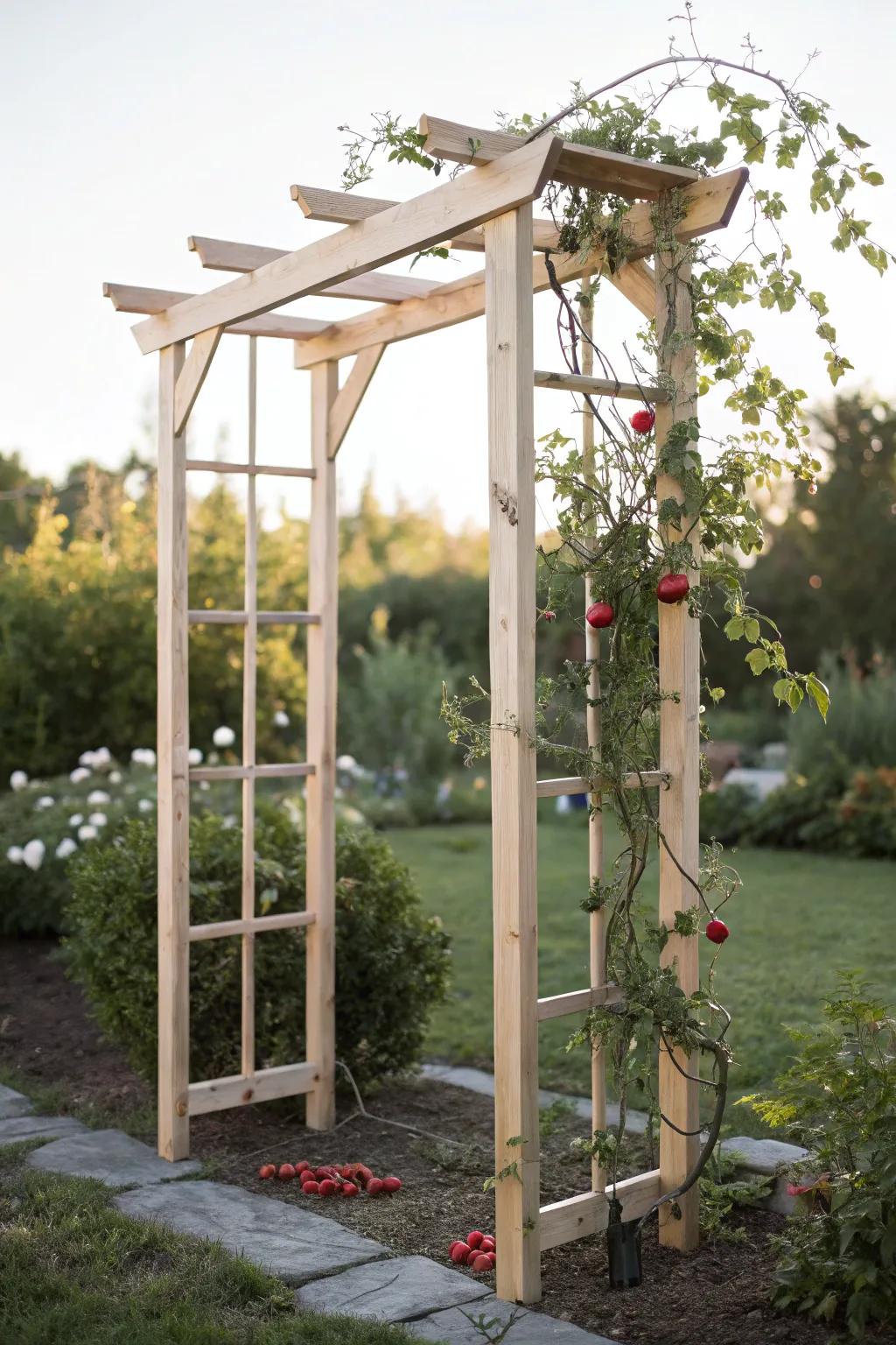 Create a stunning garden entrance with a DIY arbor trellis that supports climbing tomatoes beautifully.