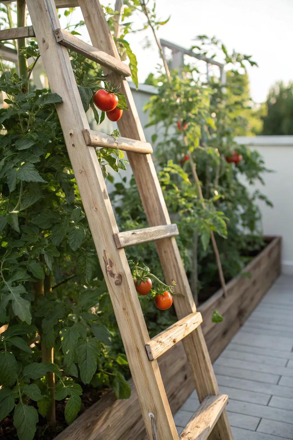 Sustainable and stylish reclaimed timber ladder trellis for your tomato plants.