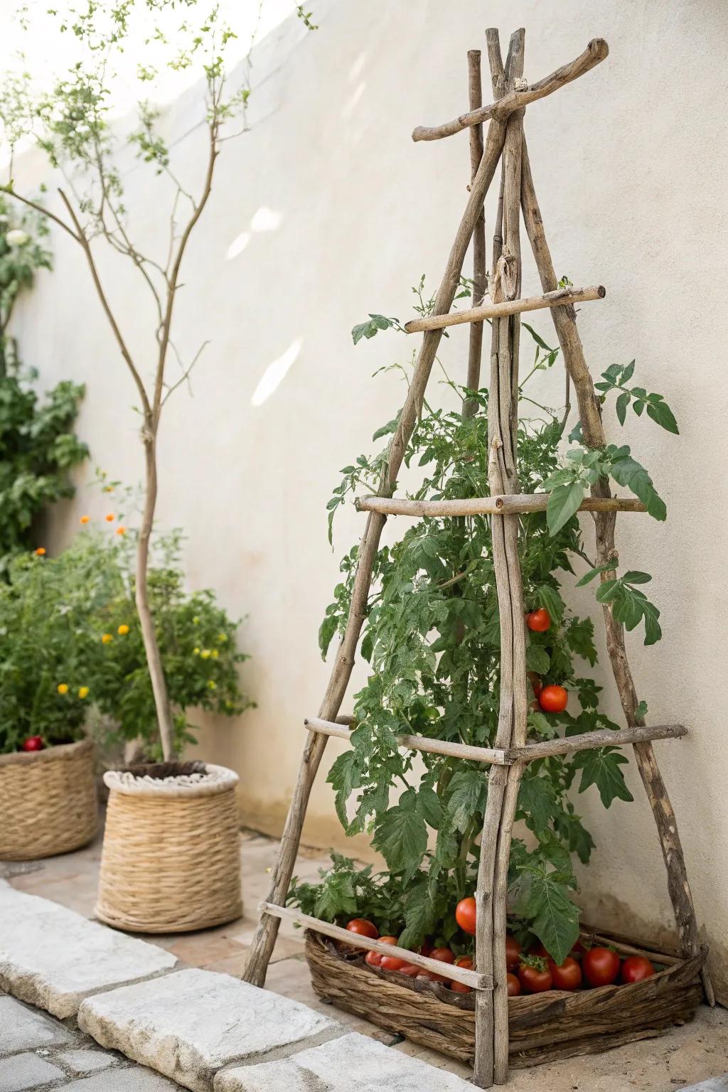 Handcrafted limb trellis adds a natural, artistic touch to your tomato garden.