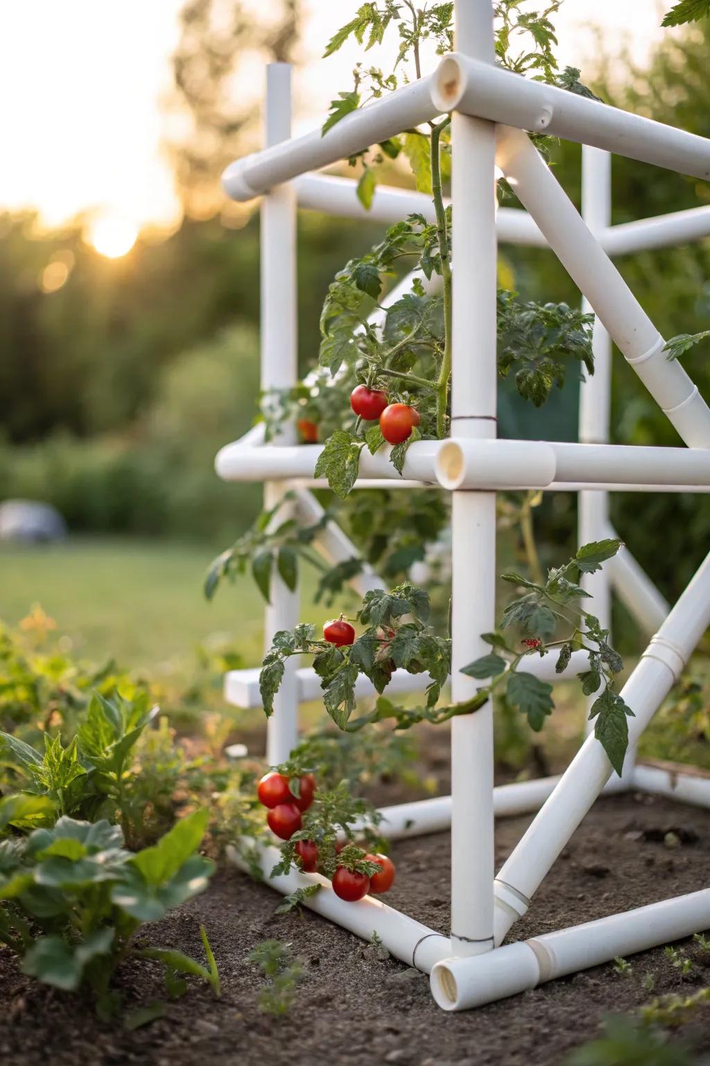 Chic and practical PVC conduit trellis perfect for minimalist gardens.