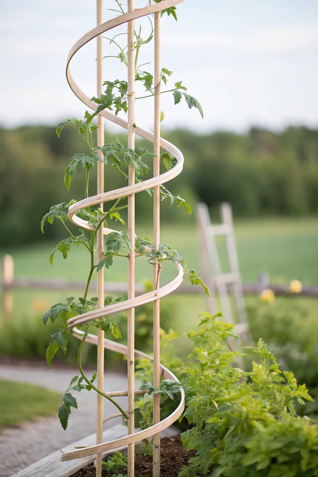 Add a playful twist with a coil climbing frame that supports tomatoes in a circular pattern.