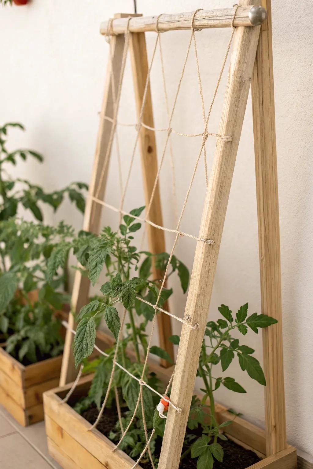 DIY upright string trellis adds minimalist charm and effective support for tomatoes.