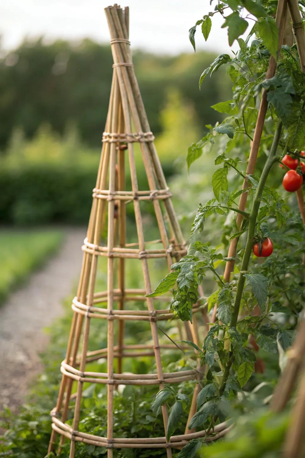 Natural cone-shaped reed trellis blends beauty and strength for tomato support.