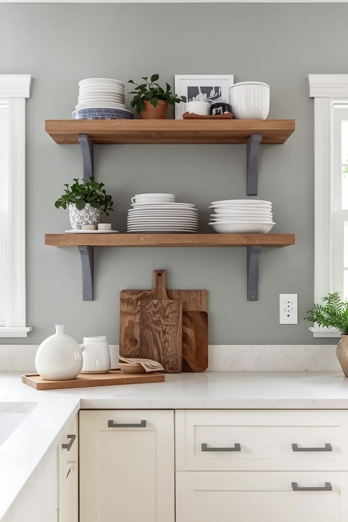 Open Shelving in Grey and Cream Kitchens