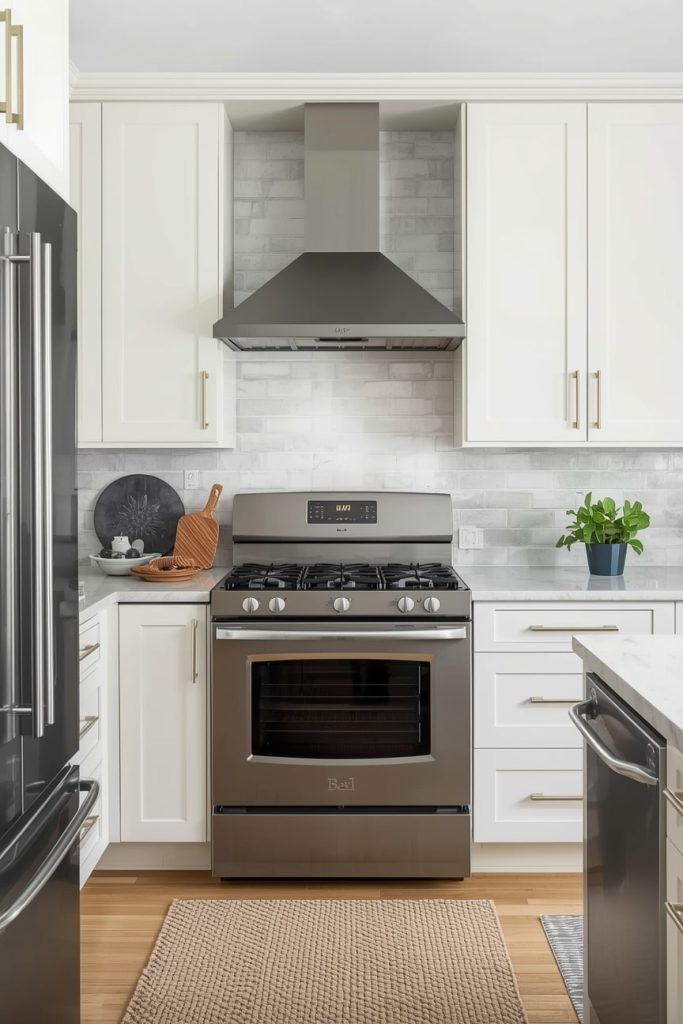 Grey Marble Countertops With Cream Cabinetry