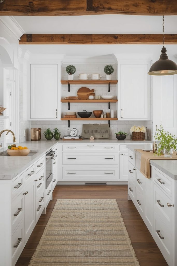   Farmhouse Kitchen with White Cabinets and Rustic Wood Accents