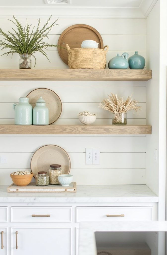 Style Open Shelving with Pottery and Coastal Finds