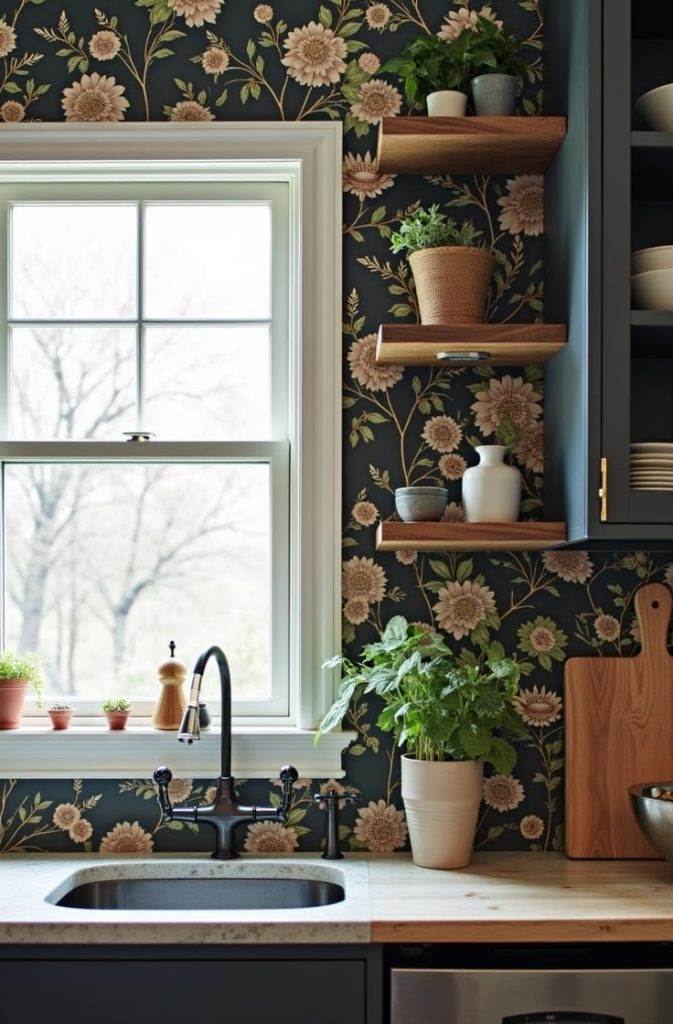Dark Floral Wallpaper Accent Wall