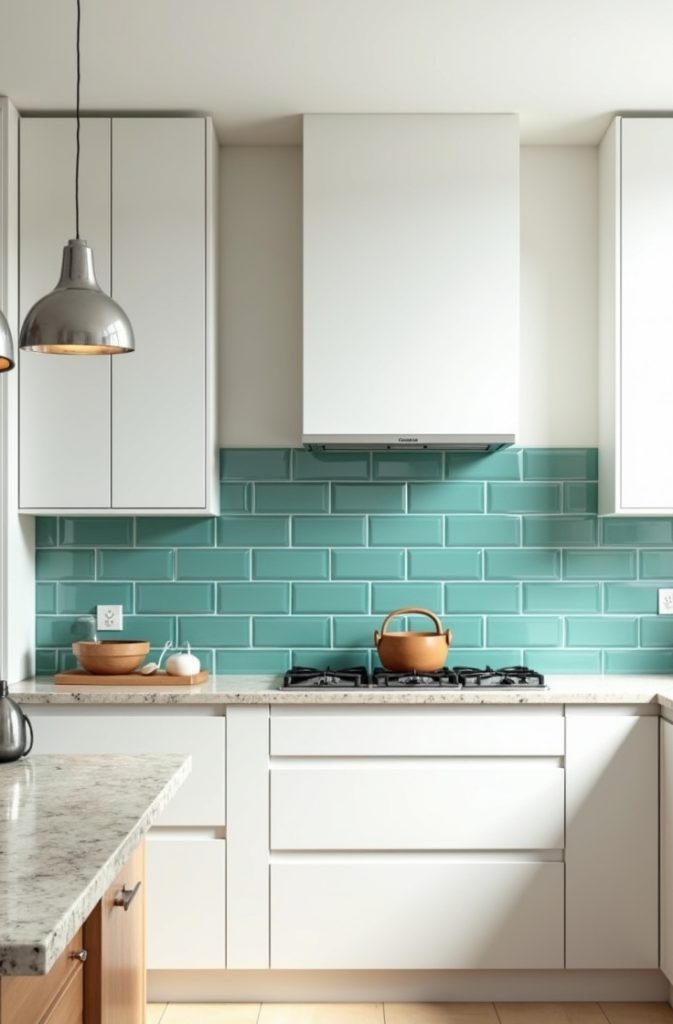 Teal Backsplash with Neutral Cabinets