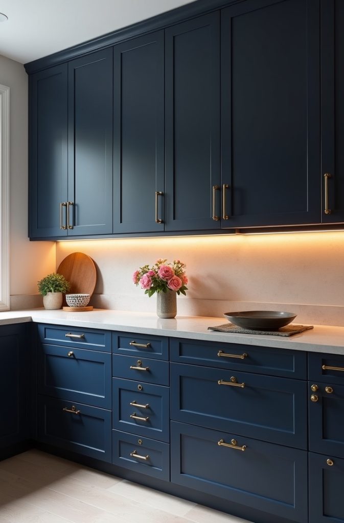 Navy Blue Cabinets with Gold Accents