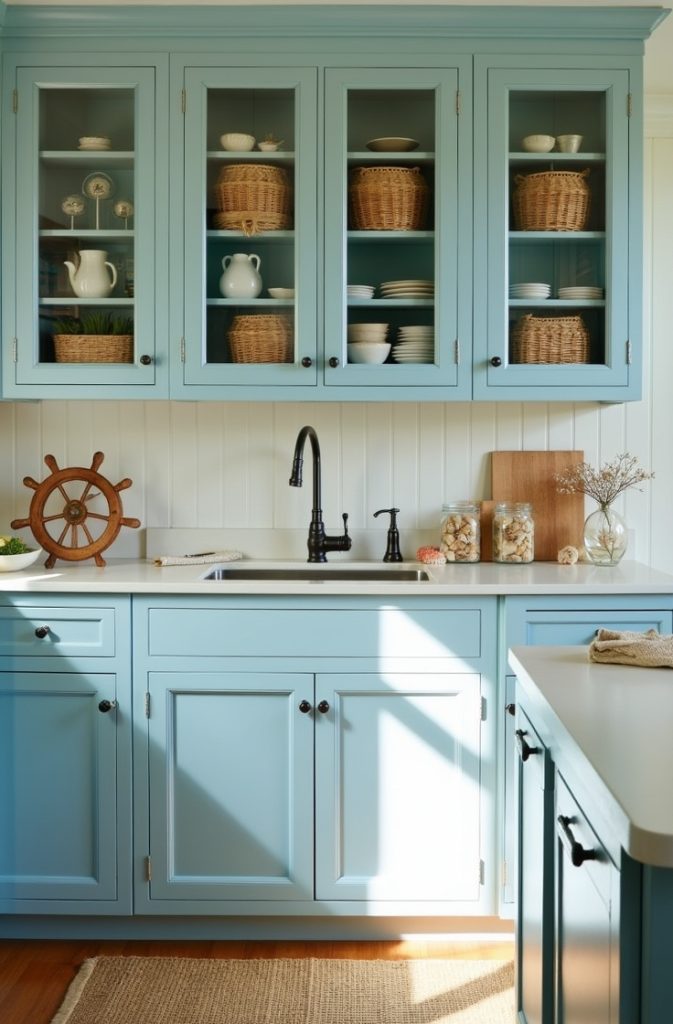 Coastal Blue Beadboard Cabinets